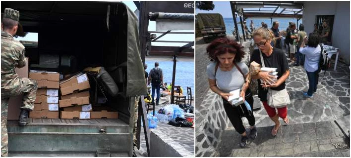 Ο στρατός μοιράζει τρόφιμα σε πυρόπληκτους στο Μάτι – Στην Αργυρά Ακτή (εικόνες)